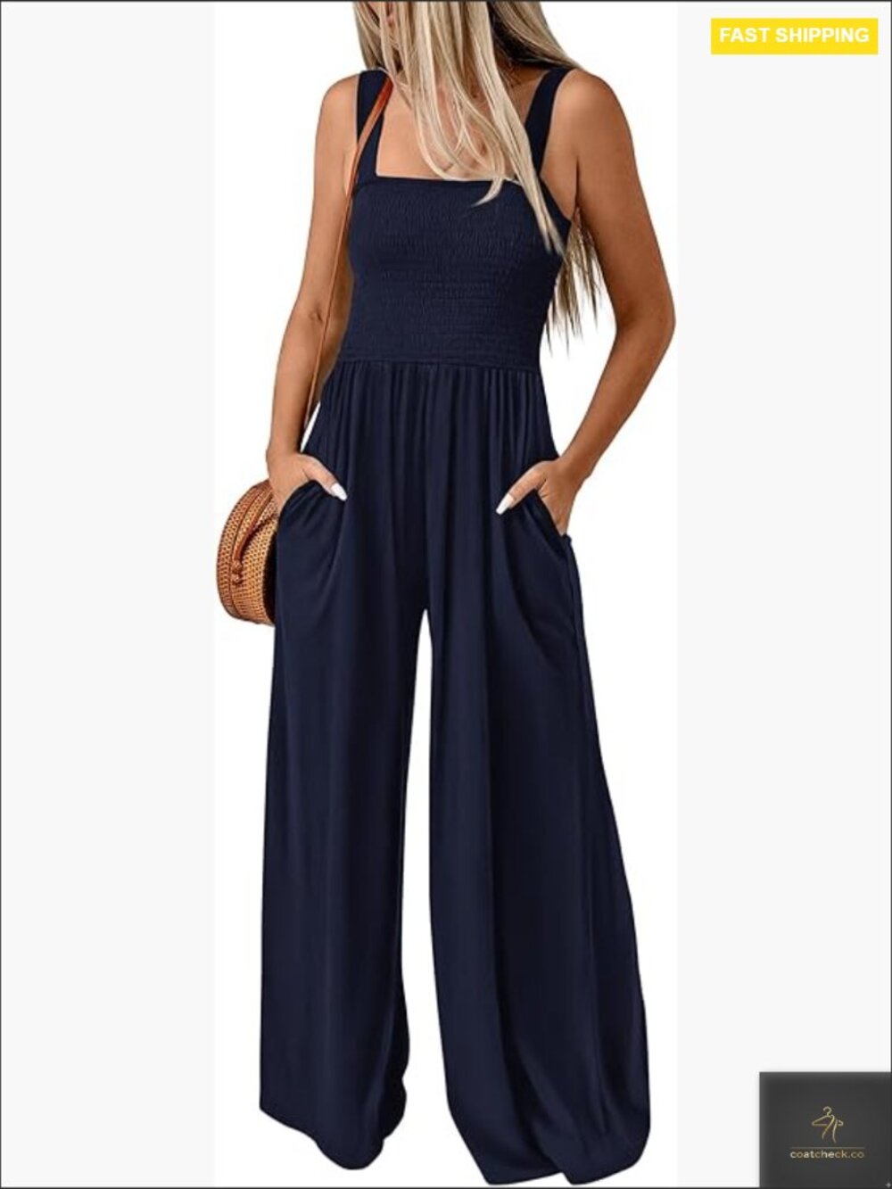 Sleeveless Wide Leg Jumpsuit Smocked Square Neck Casual Elegant Summer Romper